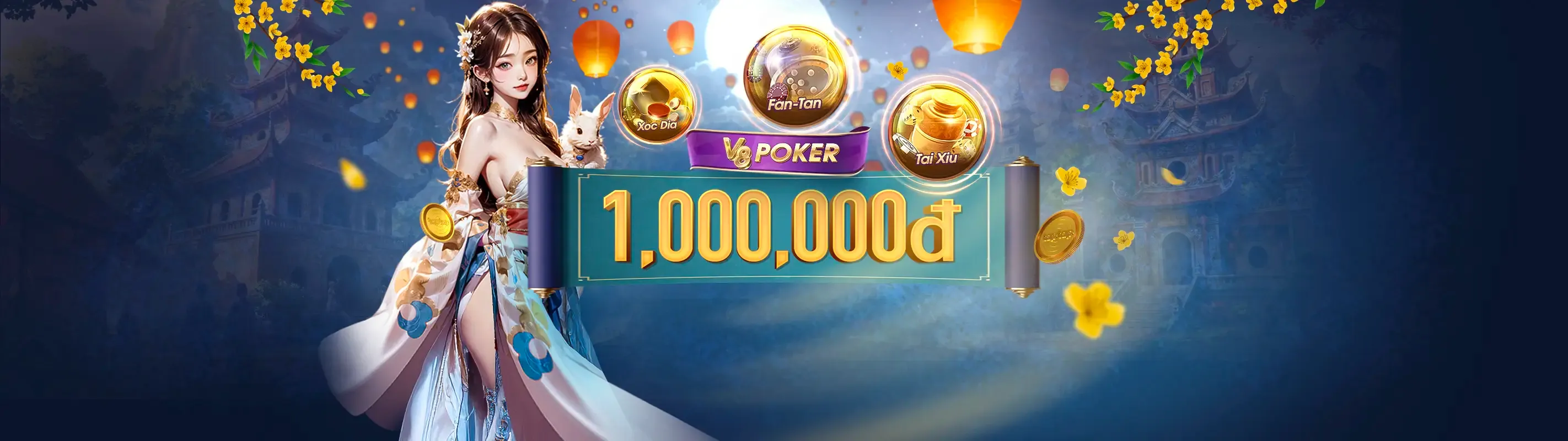 Hình ảnh chính Nổ Hũ Lucky 8 với đồng tiền vàng và máy slot rực rỡ